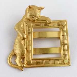 Vintage JJ J.J. Gold Toned Cat with Picture Frame Brooch Pin